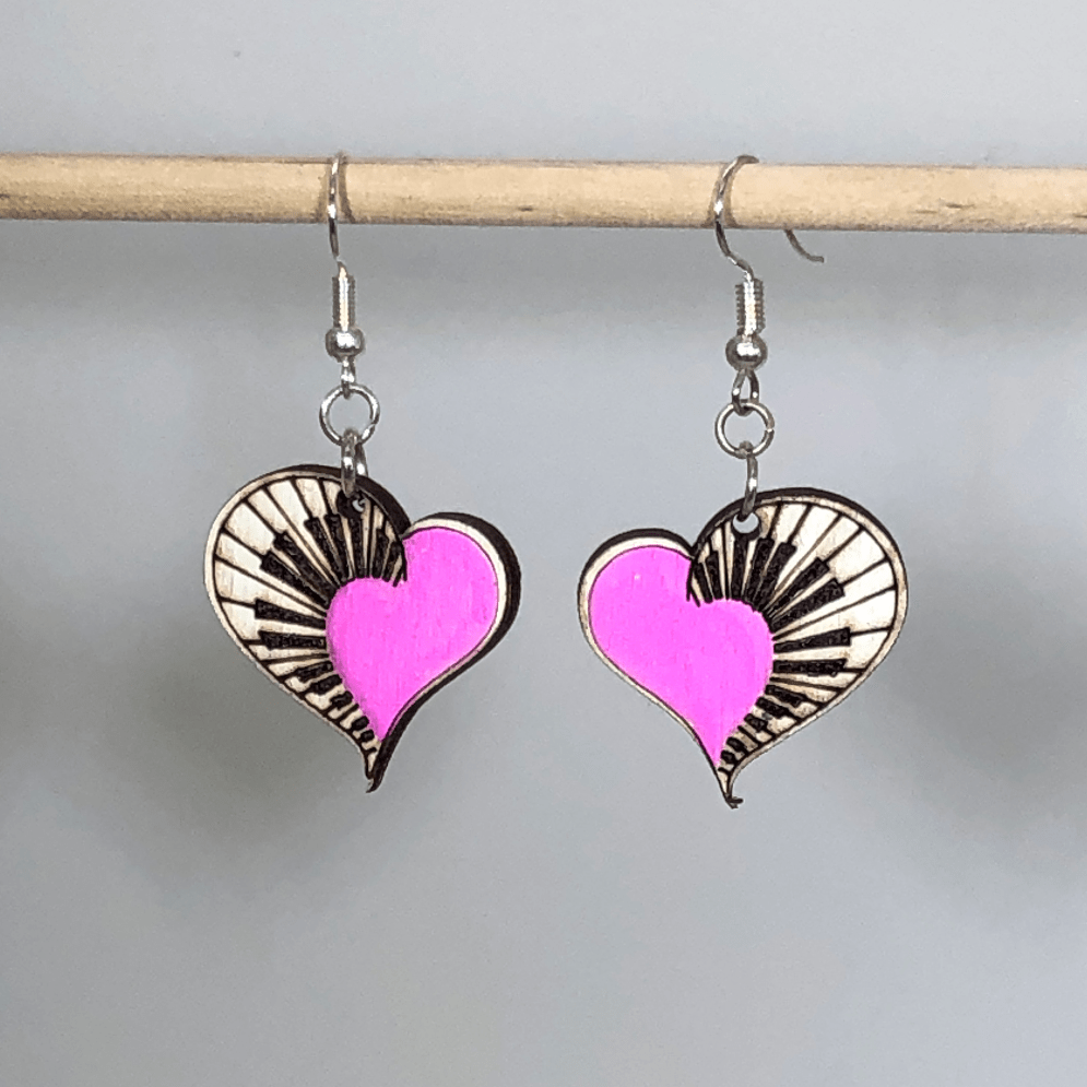 Heart Piano Wooden Dangle Earrings - Pink - Cate's Concepts, LLC