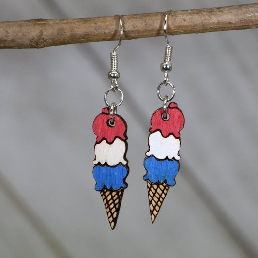 Ice Cream Cone Wooden Dangle Earrings - Red White & Blue - Cate's Concepts, LLC