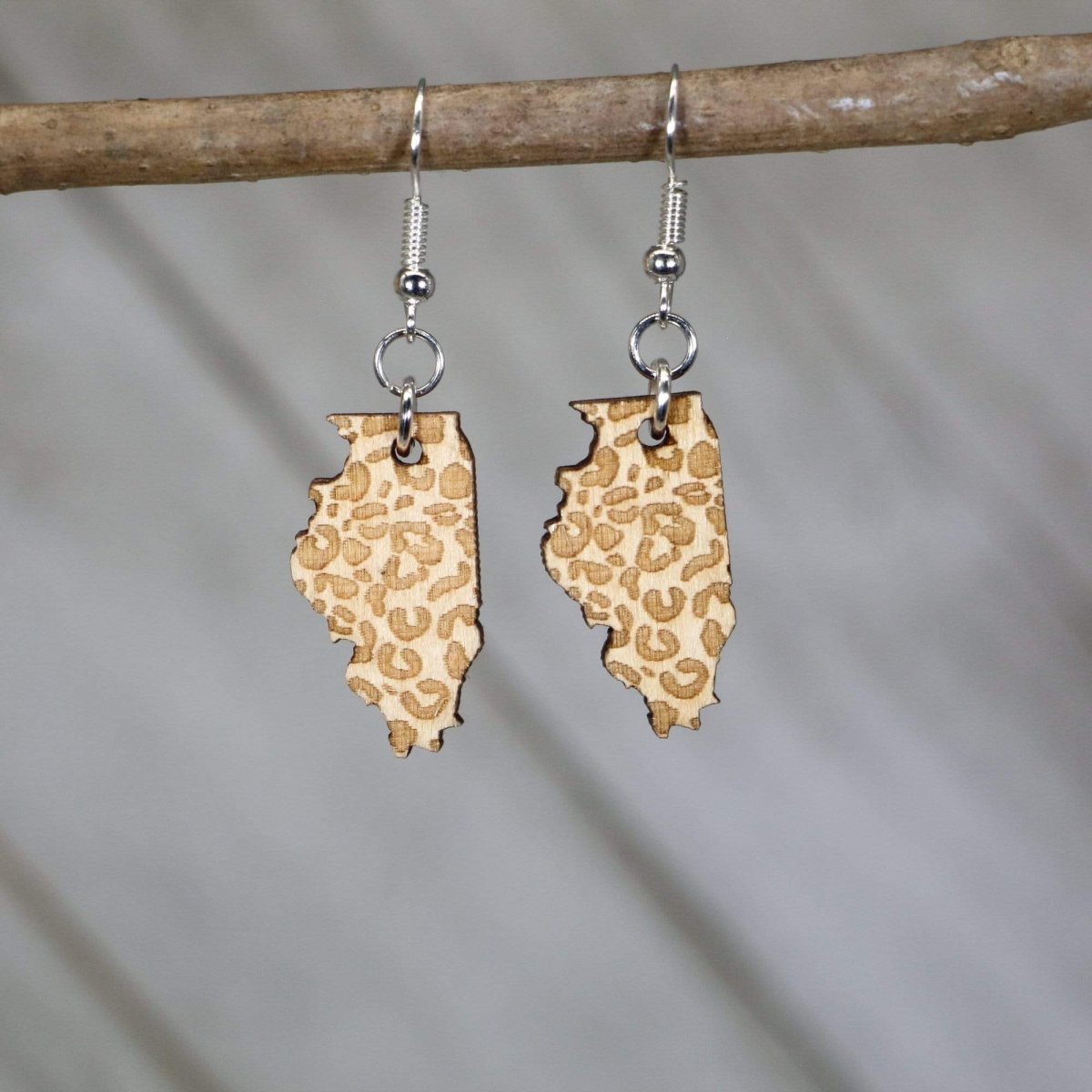 Illinois State Cheetah Print Wooden Dangle Earrings - - Cate's Concepts, LLC