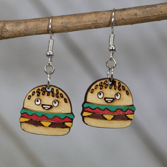 Kawaii Cheeseburger Wooden Earrings - Dangle - Cate's Concepts, LLC