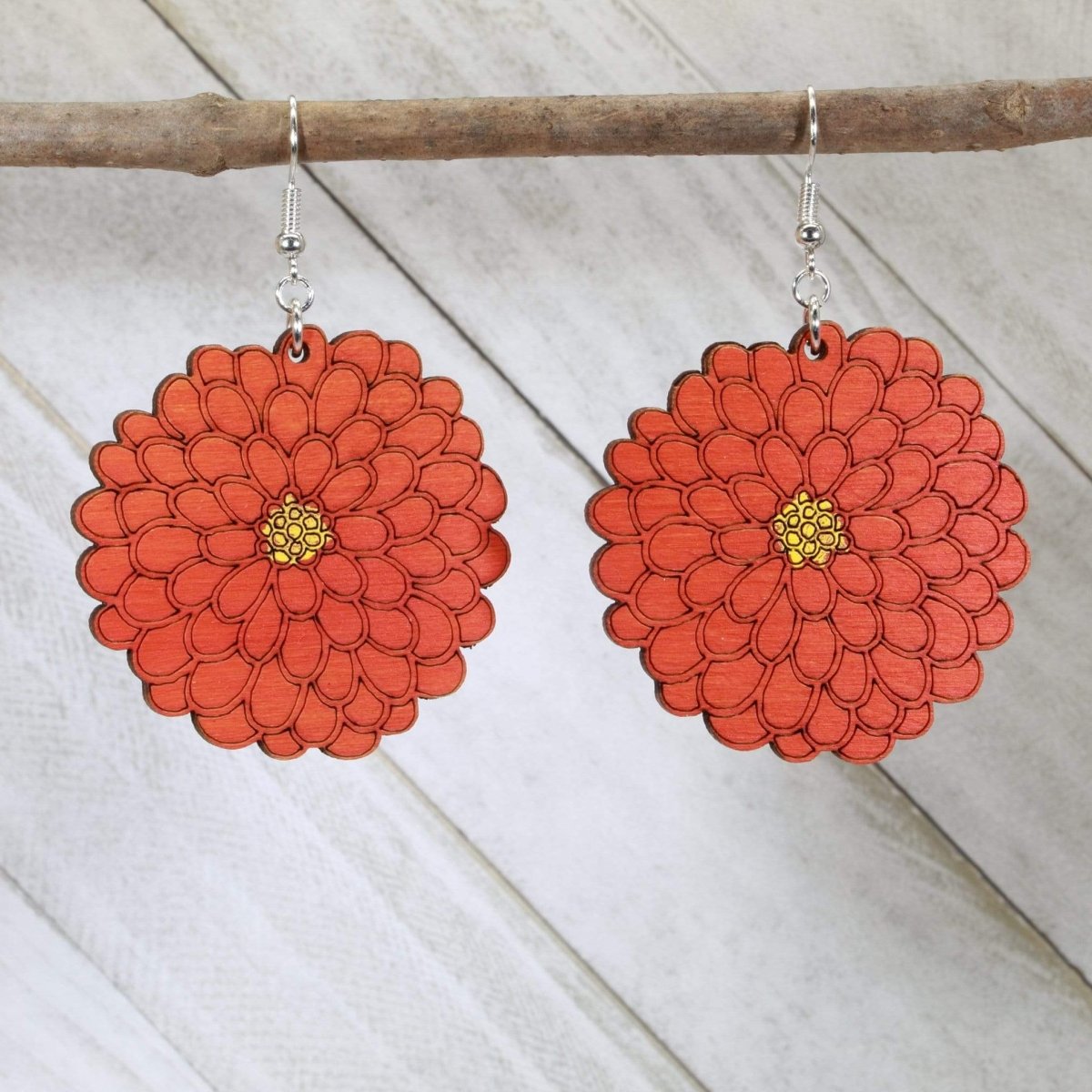 Large Zinnia wooden Dangle Earrings - - Cate's Concepts, LLC