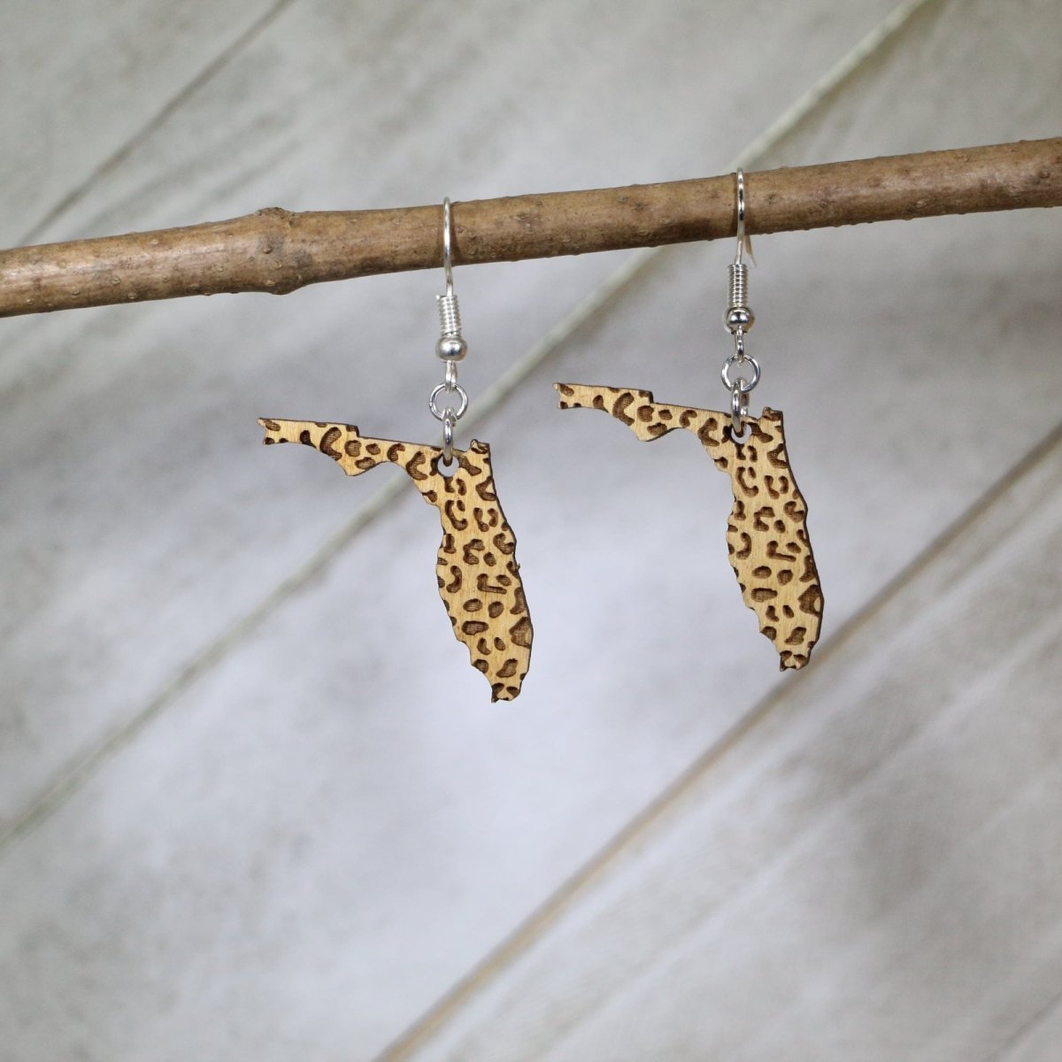 Leopard Print Wooden Florida Dangle Earrings - - Cate's Concepts, LLC