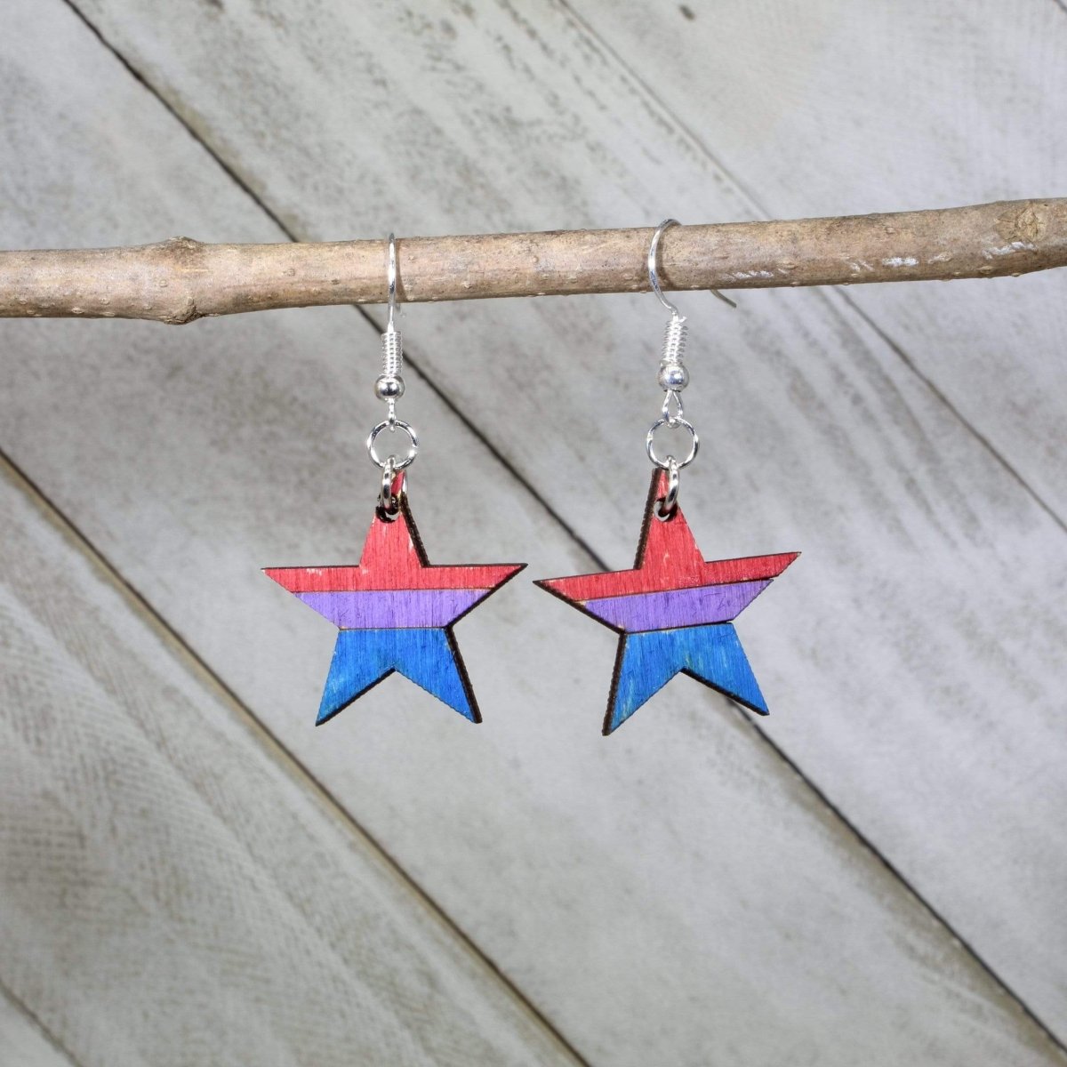 LGBTQIA+ Bisexual Star Wooden Dangle Earrings - - Cate's Concepts, LLC