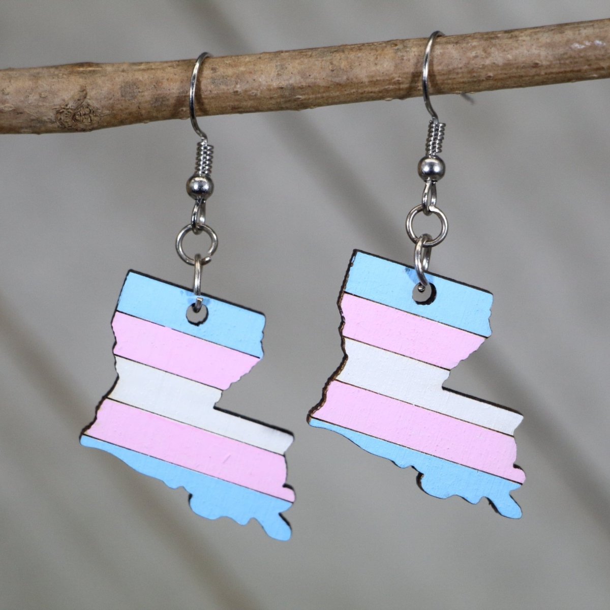 LGBTQIA+ Louisiana Trans Flag Wooden Dangle Earrings - - Cate's Concepts, LLC
