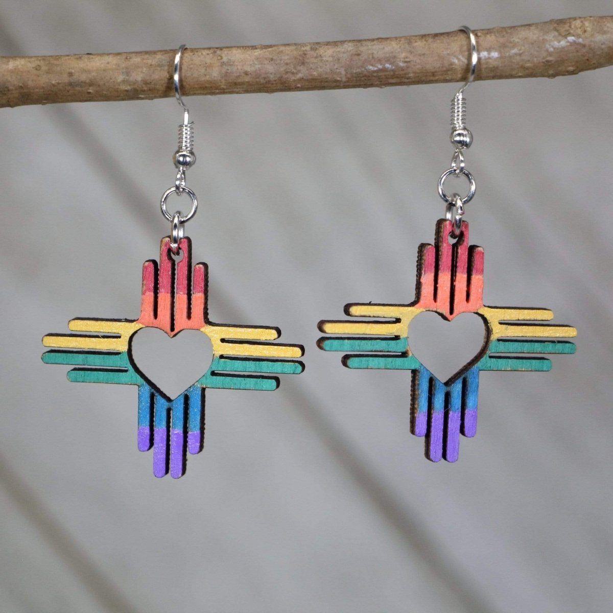 LGBTQIA+ Rainbow Zia Heart Wooden Dangle Earrings - - Cate's Concepts, LLC