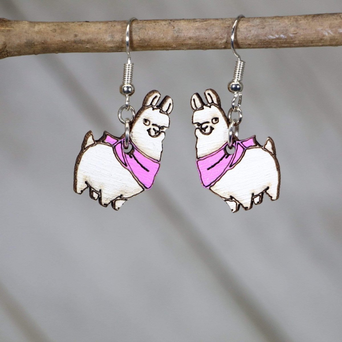 Llama with Scarf Wooden Dangle Earrings - Bright Pink - Cate's Concepts, LLC