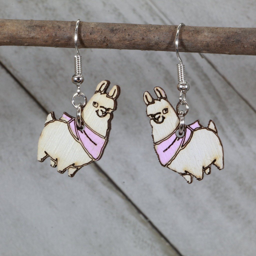 Llama with Scarf Wooden Dangle Earrings - Light Pink - Cate's Concepts, LLC