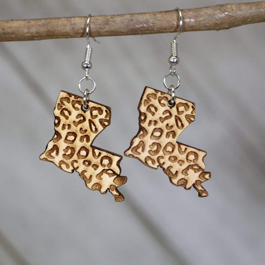 Louisiana State Cheetah Print Wooden Dangle Earrings - - Cate's Concepts, LLC