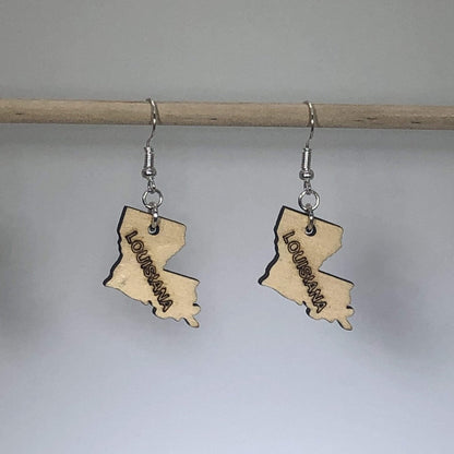 Louisiana State Wooden Dangle Earrings - - Cate's Concepts, LLC