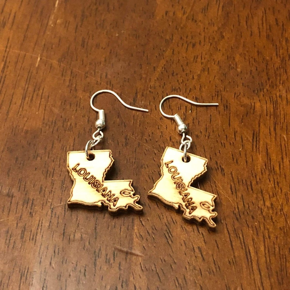 Louisiana State Wooden Dangle Earrings - - Cate's Concepts, LLC