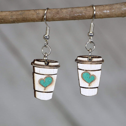 Love Coffee Cup Wooden Dangle Earrings - - Cate's Concepts, LLC