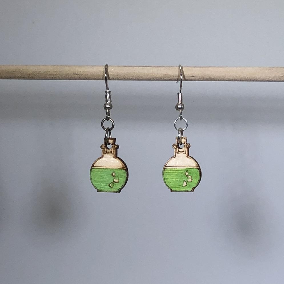 Mad Scientist Potion Bottle Dangle Earrings - Green Dangle - Cate's Concepts, LLC