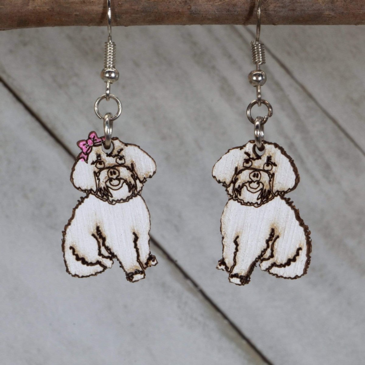 Maltipoo Wooden Dangle Earrings - One Bow and One Without - Cate's Concepts, LLC