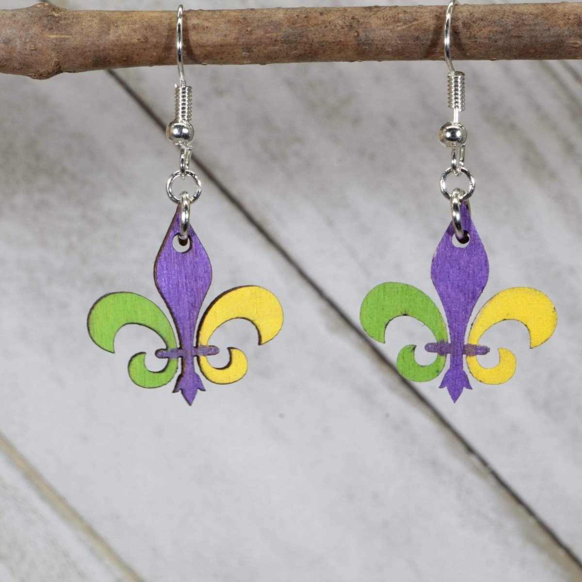 Mardi Gras Fleur-de-lis Wooden Dangle Earrings - - Cate's Concepts, LLC