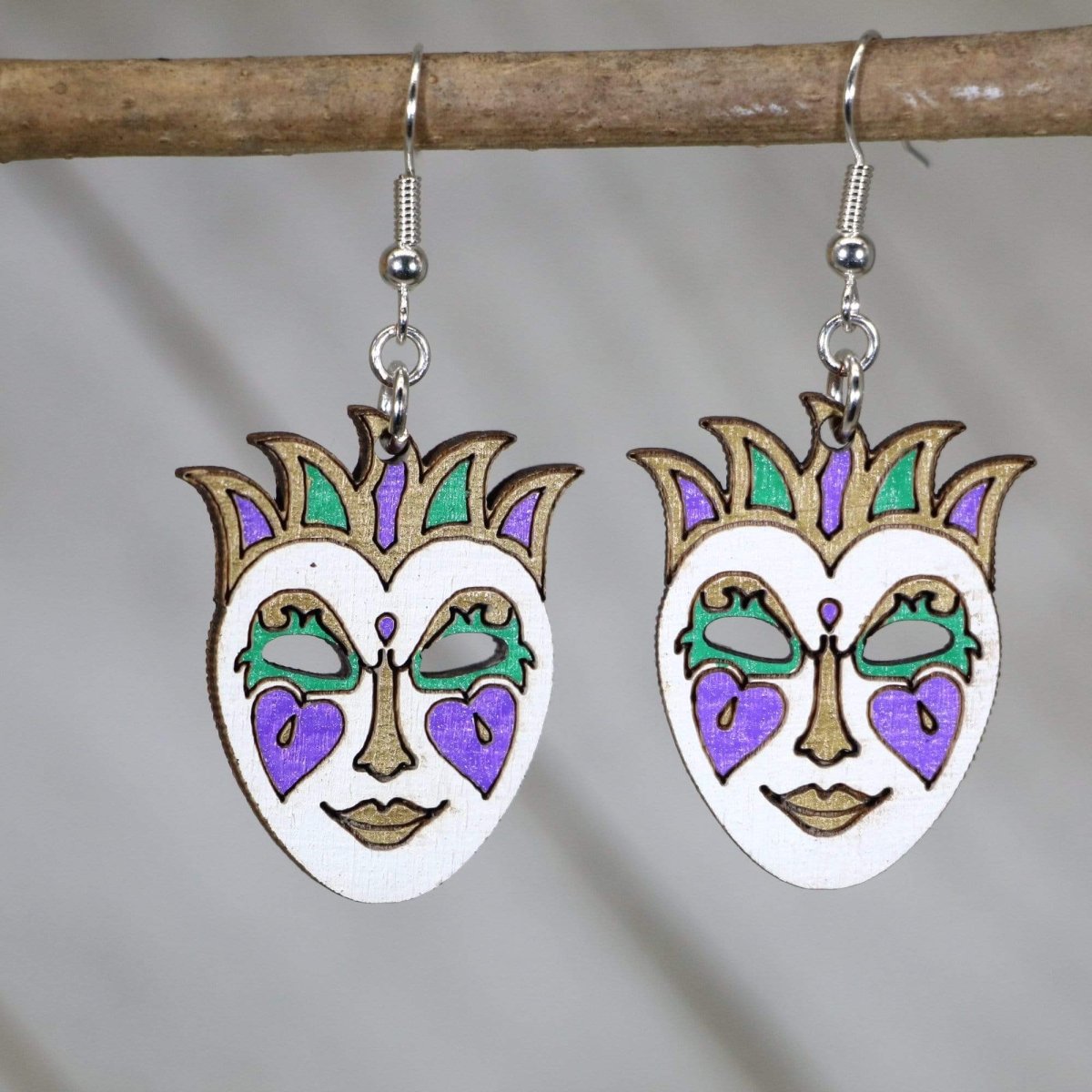 Mardi Gras Mask Wooden Dangle Earrings - - Cate's Concepts, LLC