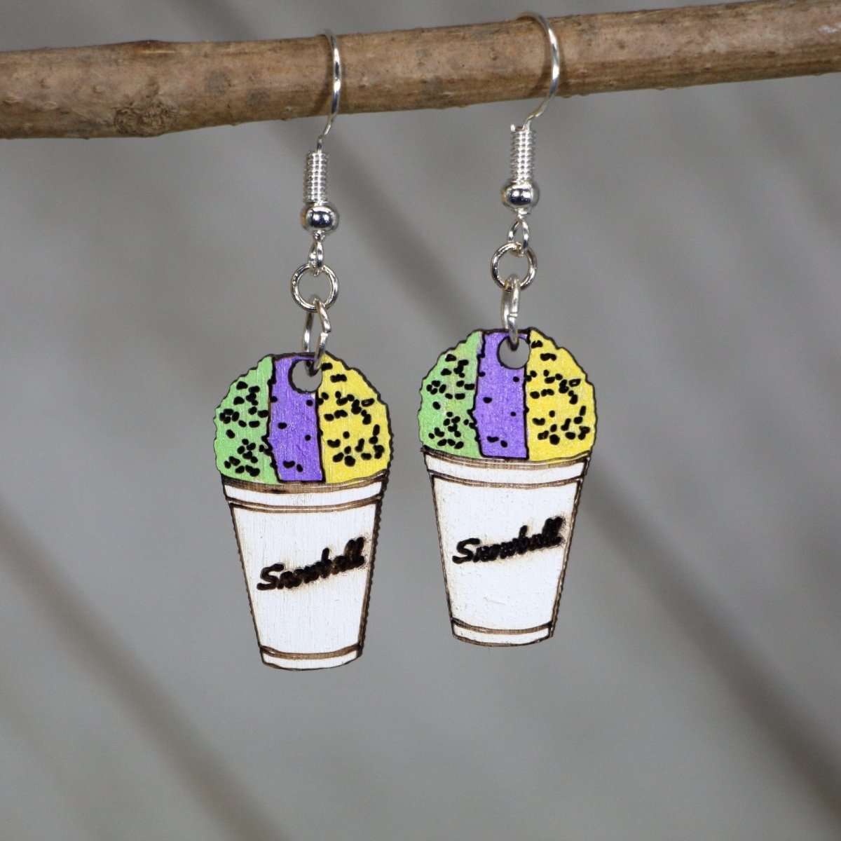 Mardi Gras SnowBall or Snowcone Wooden Dangle Earrings - - Cate's Concepts, LLC