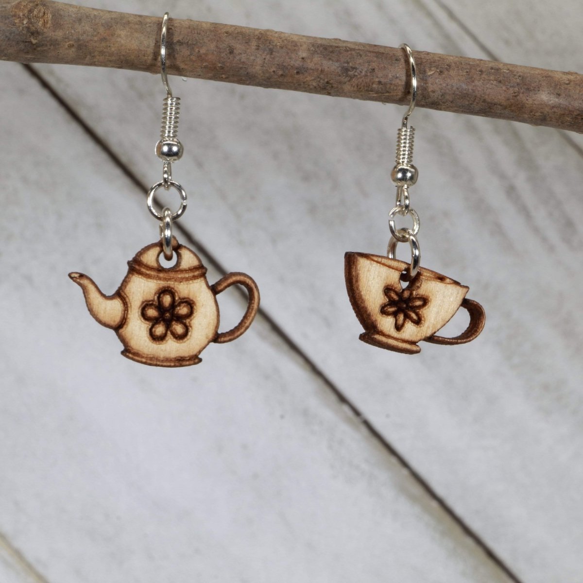 Mismatched Teapot and Cup Wooden Dangle Earrings - - Cate's Concepts, LLC