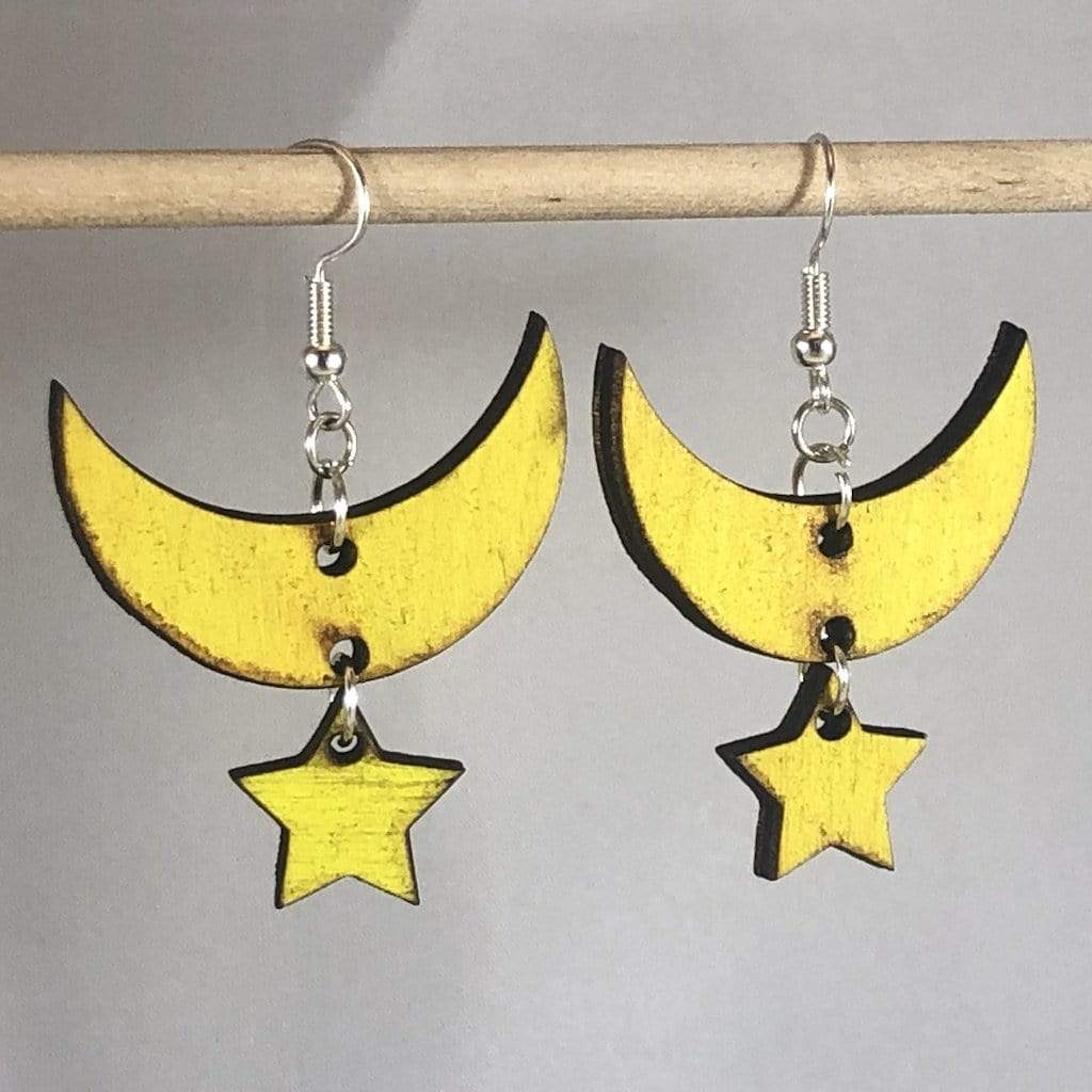 Moon and Star Wooden Dangle Earrings - - Cate's Concepts, LLC
