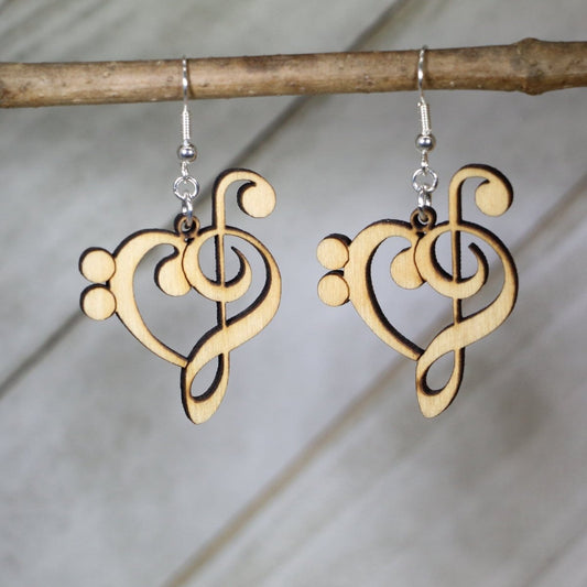 Music Clef Heart Wooden Dangle Earrings - - Cate's Concepts, LLC