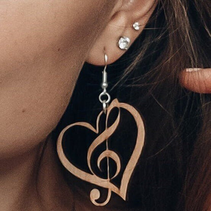 Music Treble Clef Heart Wooden Dangle Earrings - - Cate's Concepts, LLC