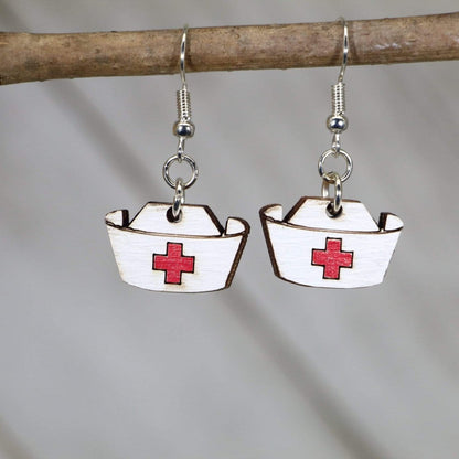 Nurse's Hat Wooden Dangle Earrings - - Cate's Concepts, LLC