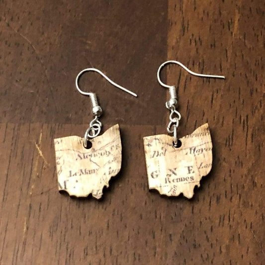 Ohio Map Pattern Wooden Dangle Earrings - - Cate's Concepts, LLC