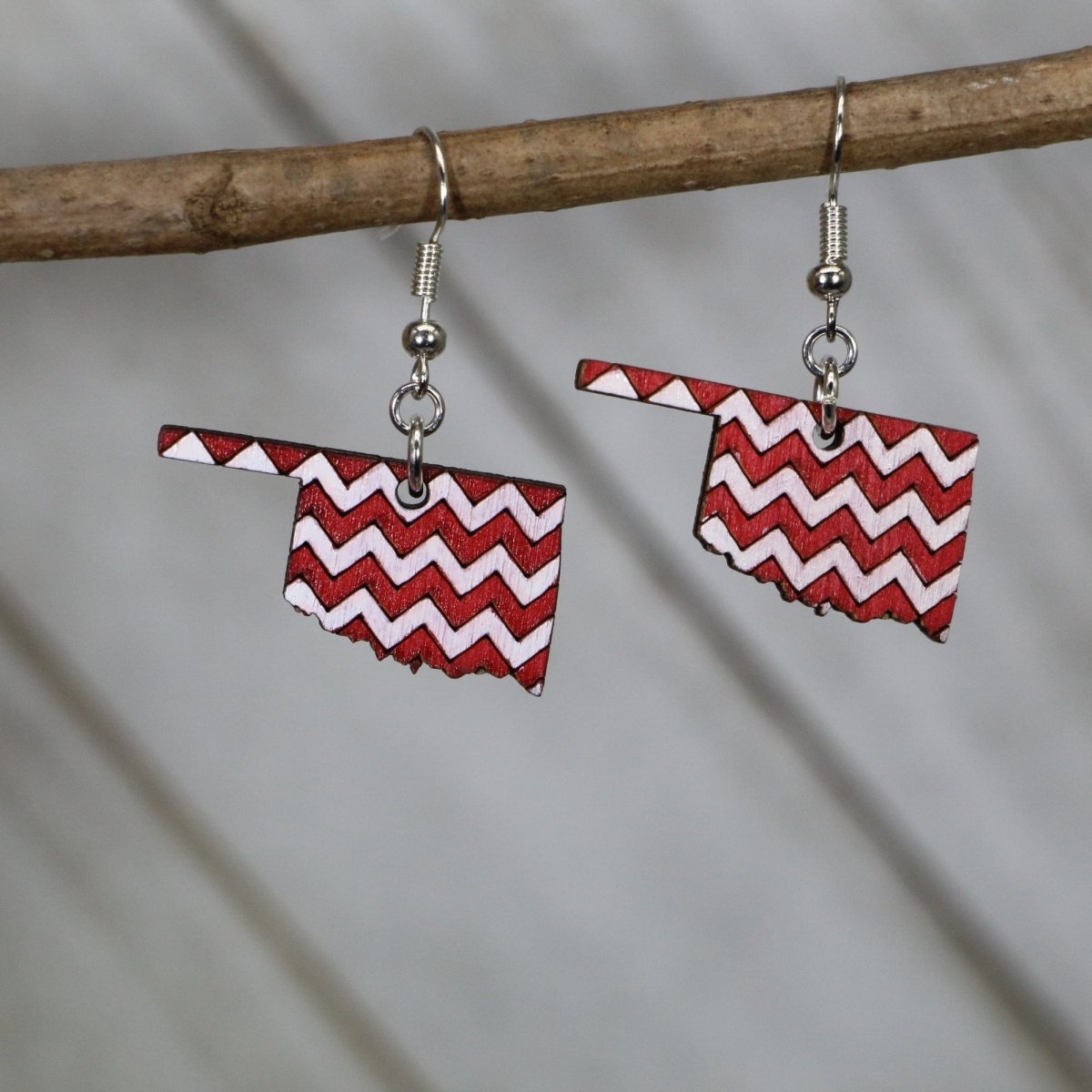 Oklahoma Red and White Chevron Wooden Dangle Earrings - - Cate's Concepts, LLC