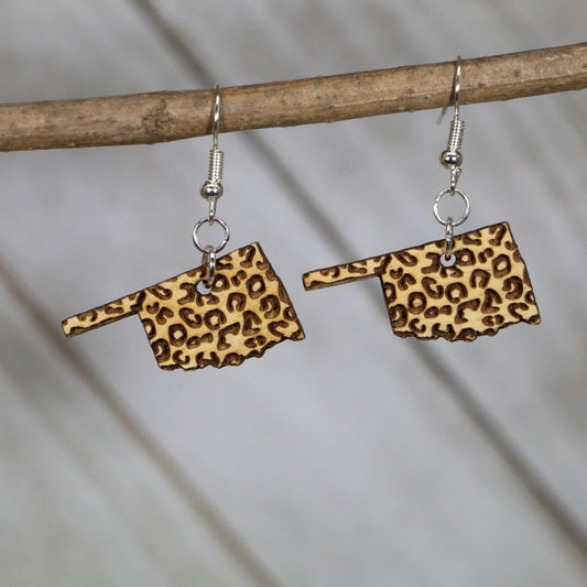 Oklahoma State Cheetah Print Wooden Dangle Earrings - - Cate's Concepts, LLC
