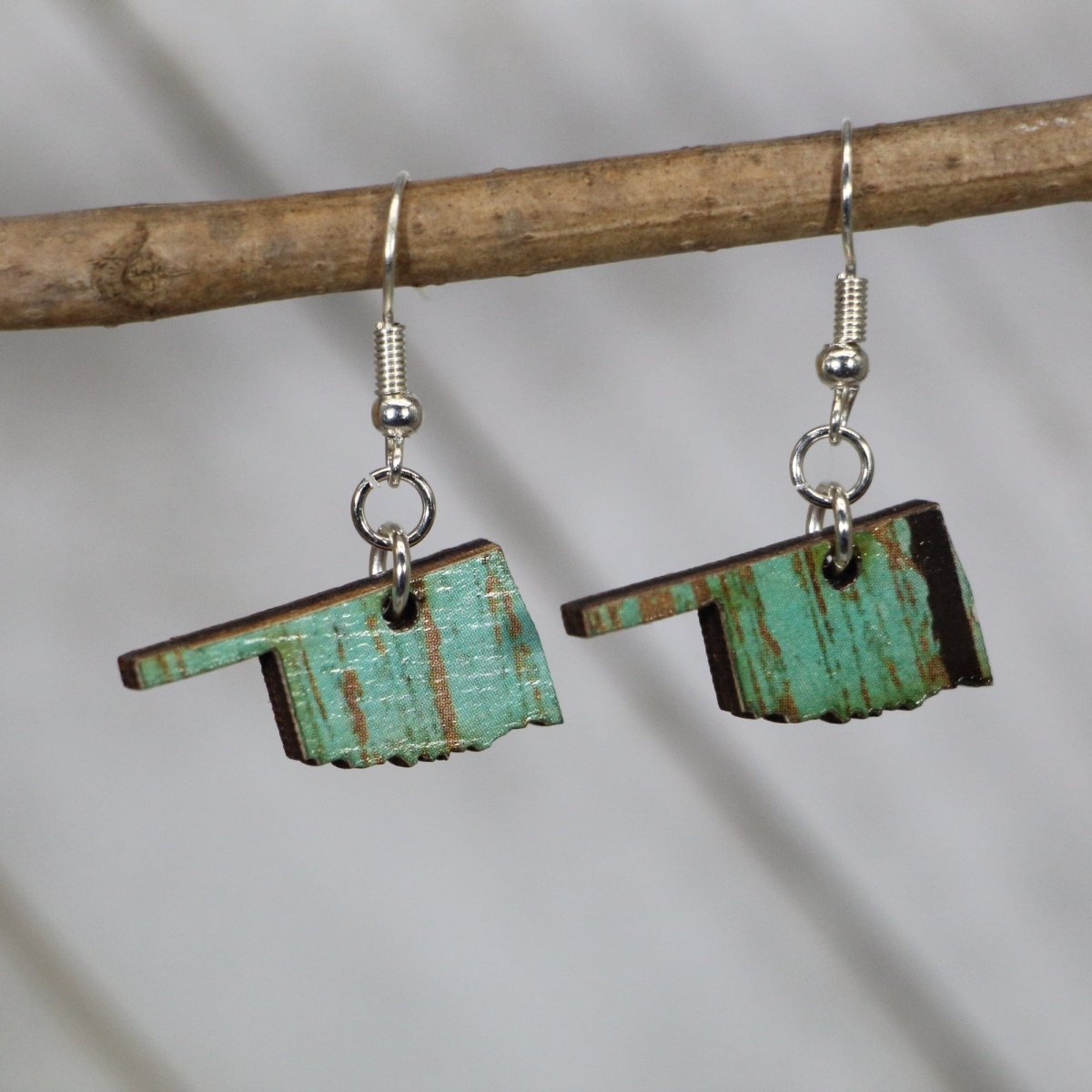 Oklahoma State Turquoise Woodgrain Wooden Dangle Earrings - - Cate's Concepts, LLC
