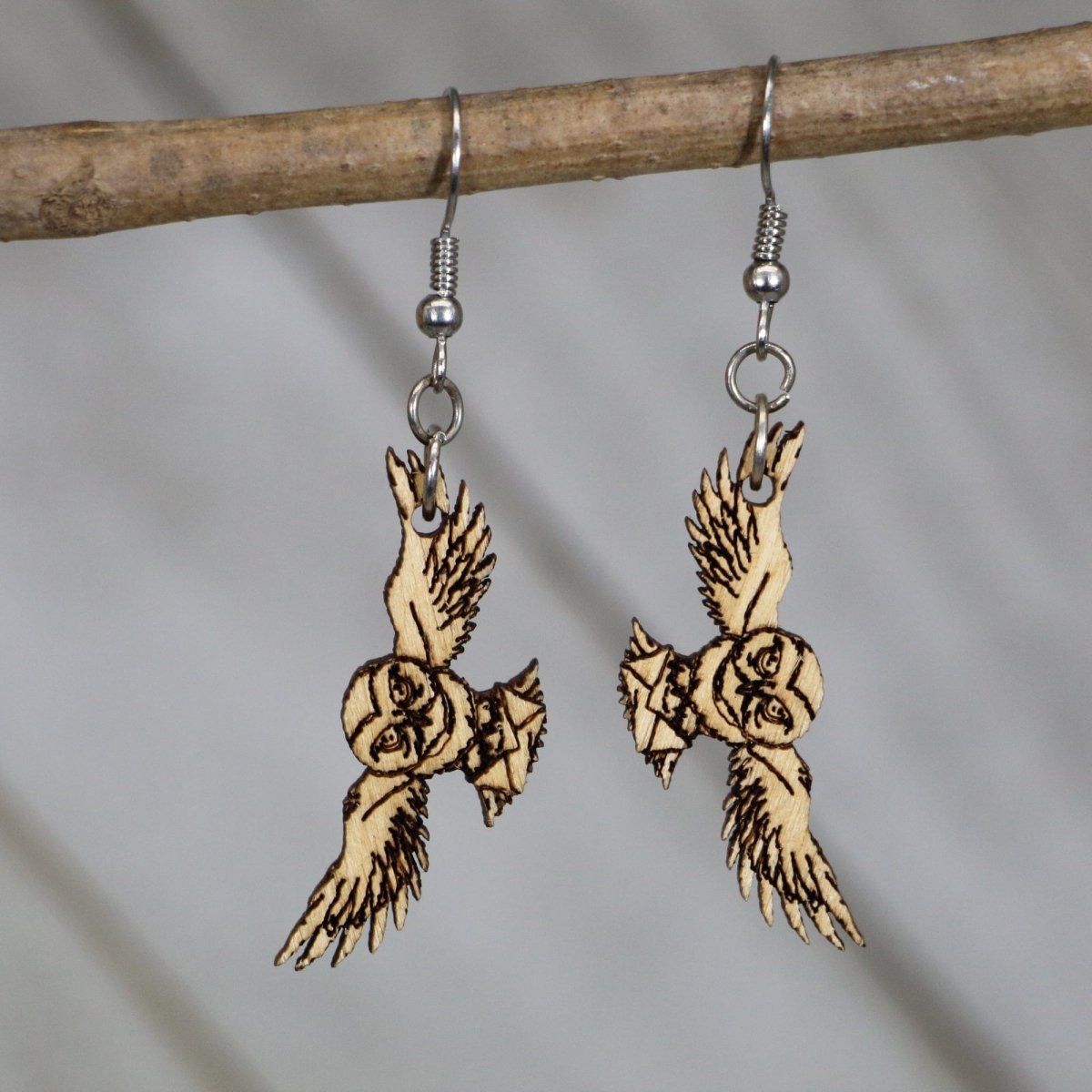 Owl with Letter Wooden Dangle Earrings - - Cate's Concepts, LLC