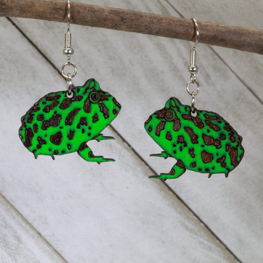 Pacman Frog Wooden Dangle Earrings - - Cate's Concepts, LLC