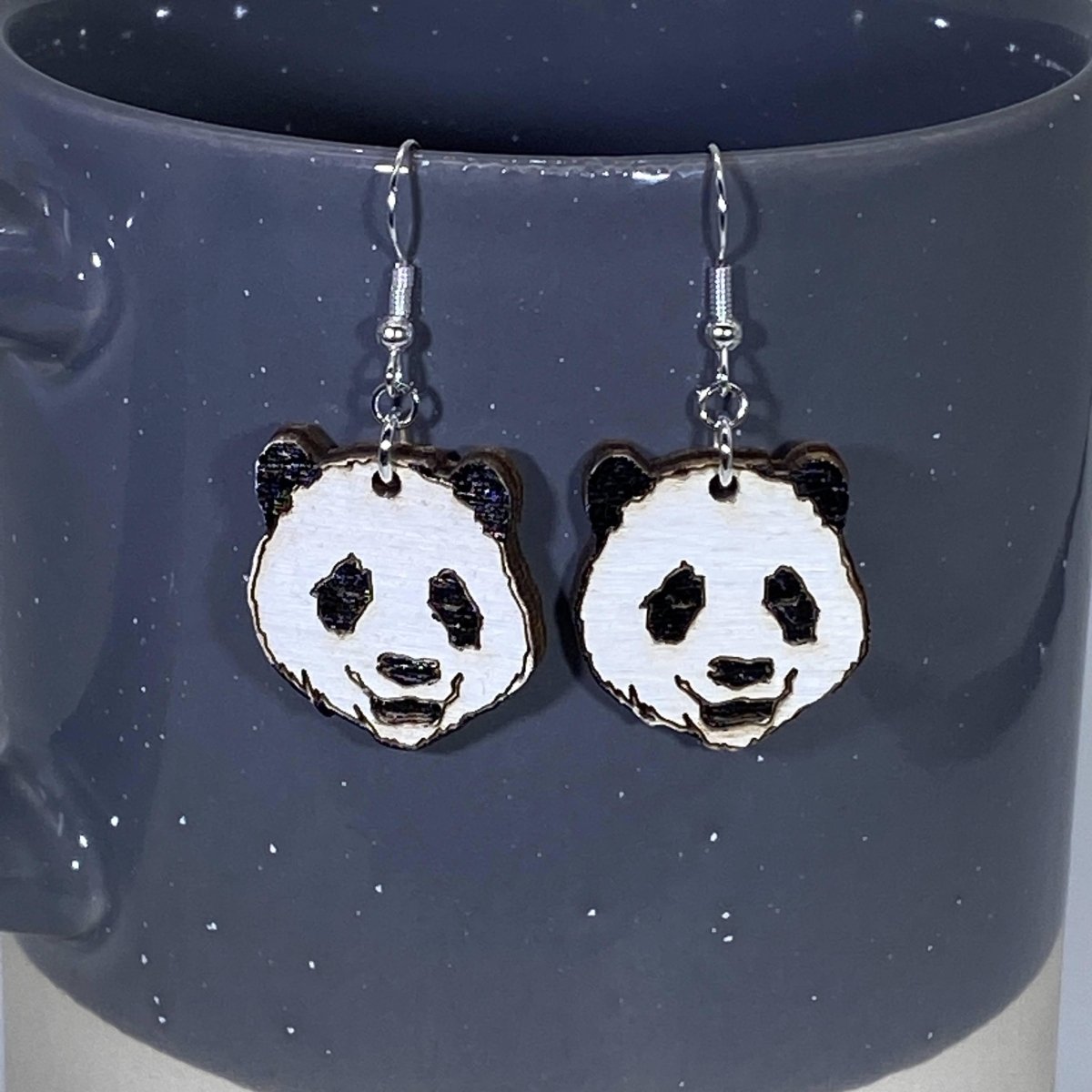 Panda Bear Face Wooden Dangle Earrings - - Cate's Concepts, LLC
