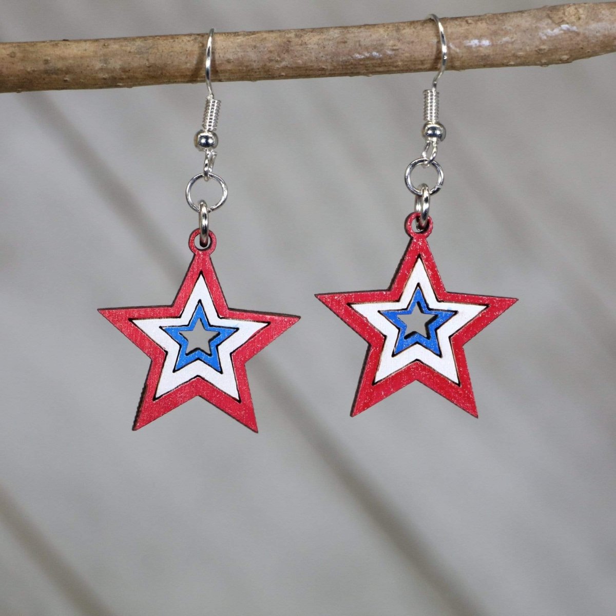 Patriotic USA Stars Wooden Dangle Earrings - - Cate's Concepts, LLC