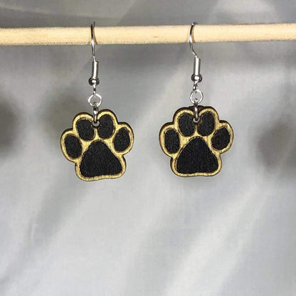 Paw Print Dangle Earrings - Black and Gold Dangle - Cate's Concepts, LLC