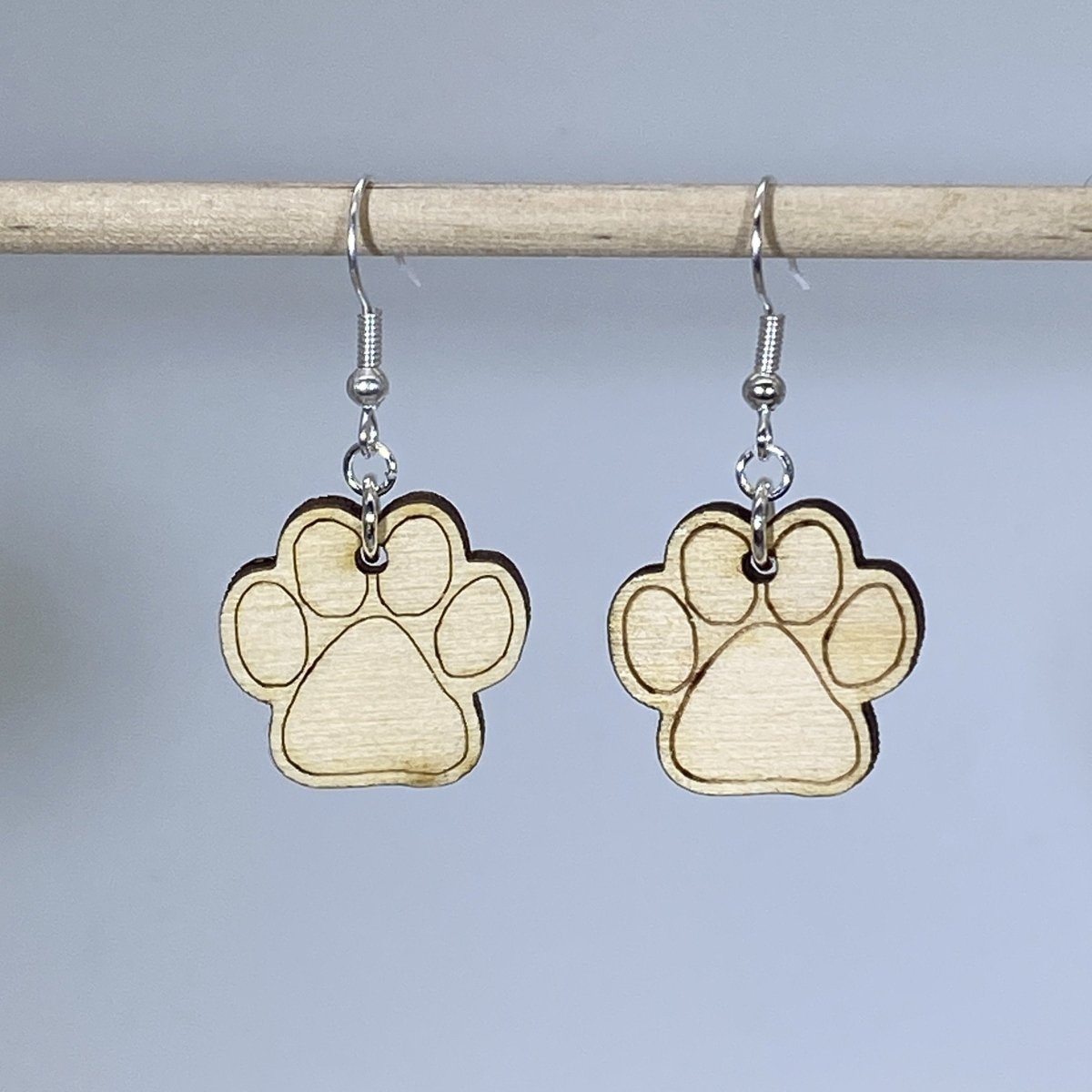 Paw Print Dangle Earrings - Natural Wood Dangle - Cate's Concepts, LLC