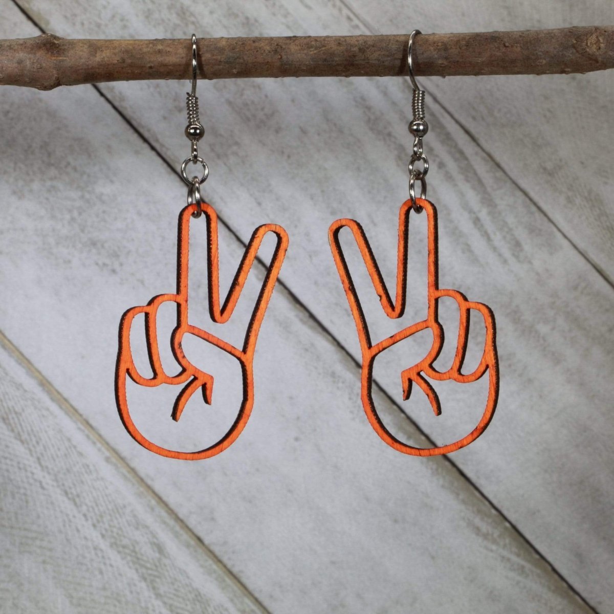 Peace Sign Hand Wooden Dangle Earrings - Orange - Cate's Concepts, LLC