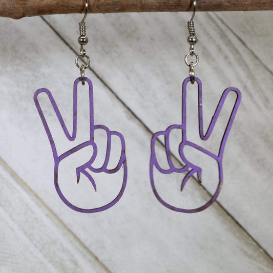Peace Sign Hand Wooden Dangle Earrings - Purple - Cate's Concepts, LLC