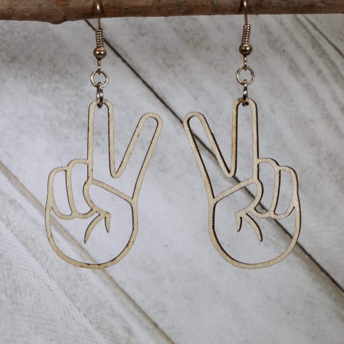 Peace Sign Hand Wooden Dangle Earrings - White - Cate's Concepts, LLC