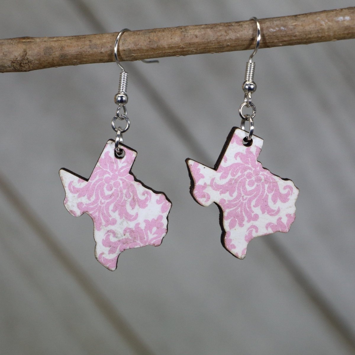 Pink Floral Texas State Wooden Dangle Earrings - Pink Floral - Cate's Concepts, LLC