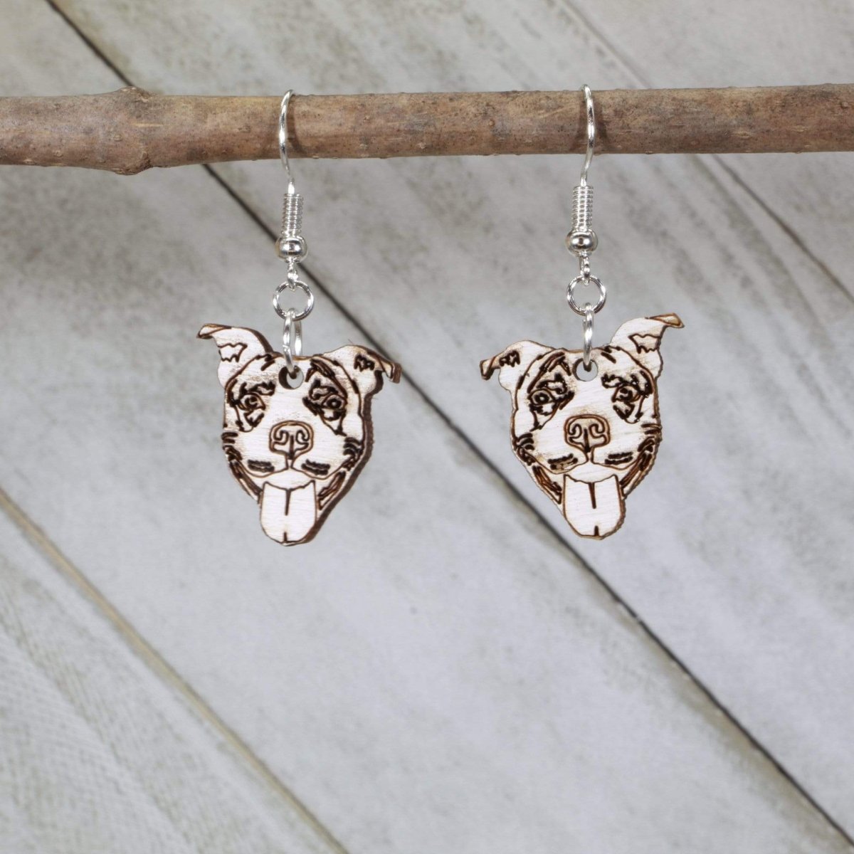 Pitbull Face Wooden Dangle Earrings - - Cate's Concepts, LLC