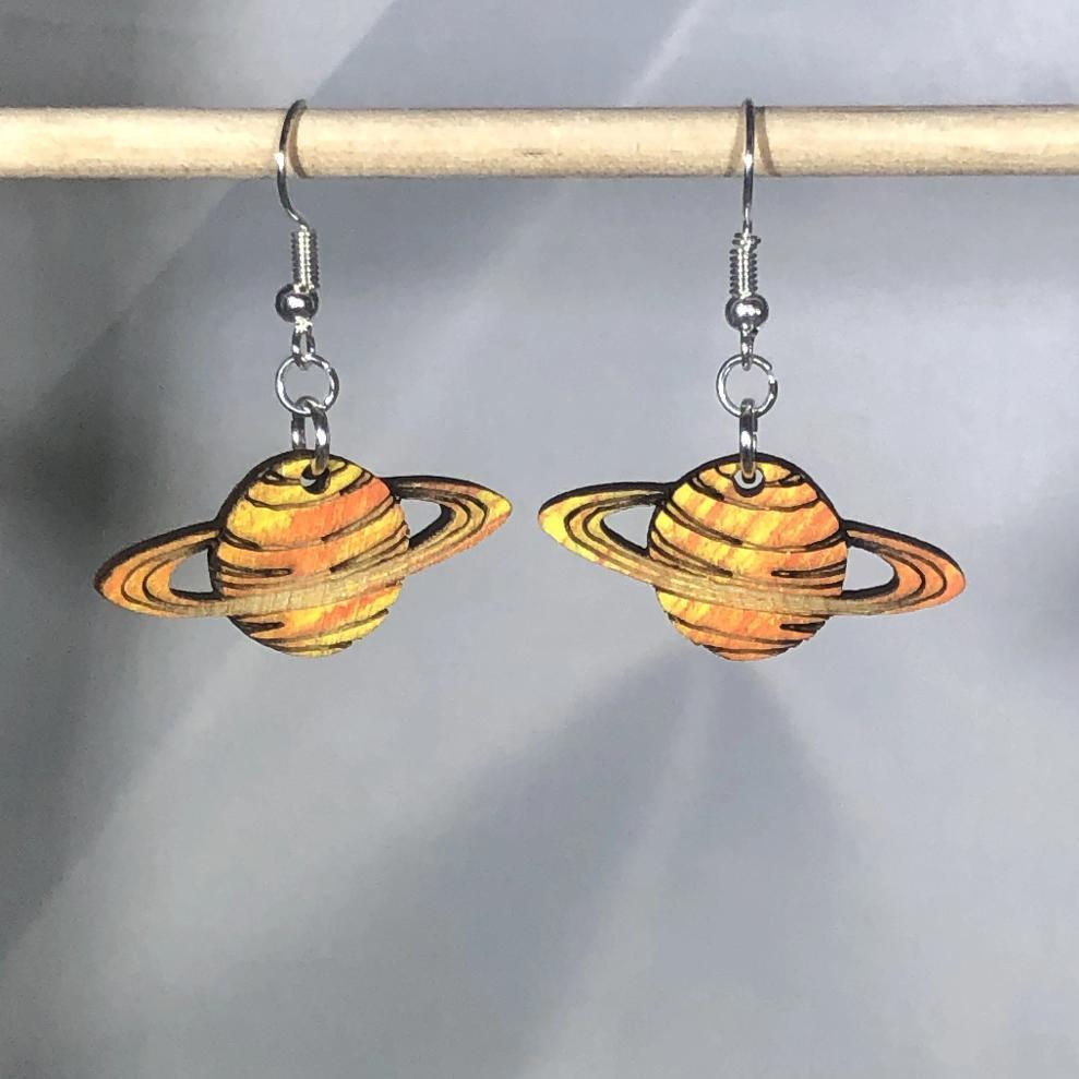 Planet Saturn Wooden Dangle Earrings - - Cate's Concepts, LLC