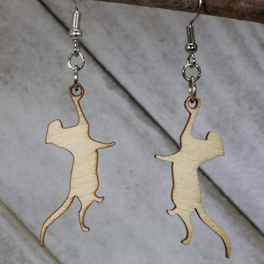 Playful Hanging Cat Wooden Dangle Earrings - - Cate's Concepts, LLC