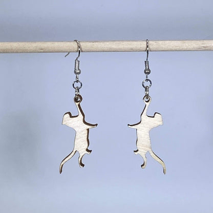 Playful Hanging Cat Wooden Dangle Earrings - - Cate's Concepts, LLC