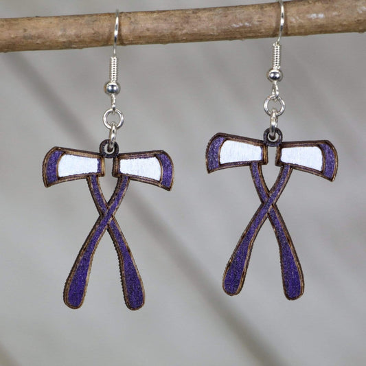 Purple and White Crossed Axes Wooden Dangle Earrings - Purple / White - Cate's Concepts, LLC