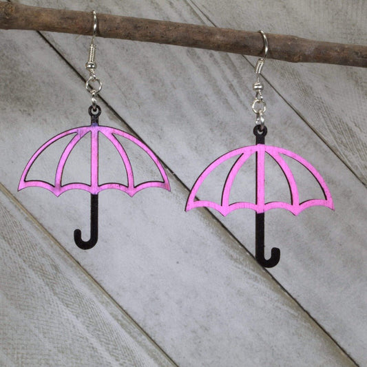 Rainy Day Umbrella Wooden Dangle Earrings - Pink and Black - Cate's Concepts, LLC