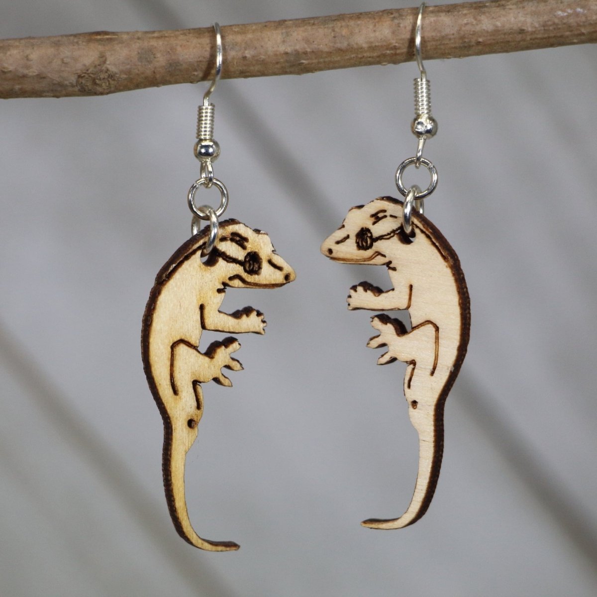 Realistic Crested Gecko Lizard Wooden Dangle Earrings - - Cate's Concepts, LLC