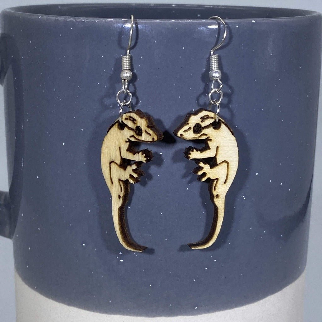 Realistic Crested Gecko Lizard Wooden Dangle Earrings - - Cate's Concepts, LLC