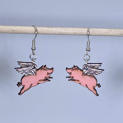 Realistic Flying Pig Wooden Dangle Earrings - - Cate's Concepts, LLC