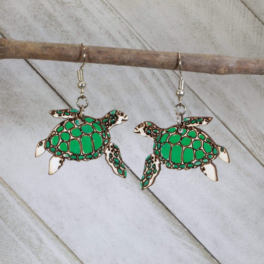 Realistic Sea Turtle Wooden Dangle Earrings - - Cate's Concepts, LLC