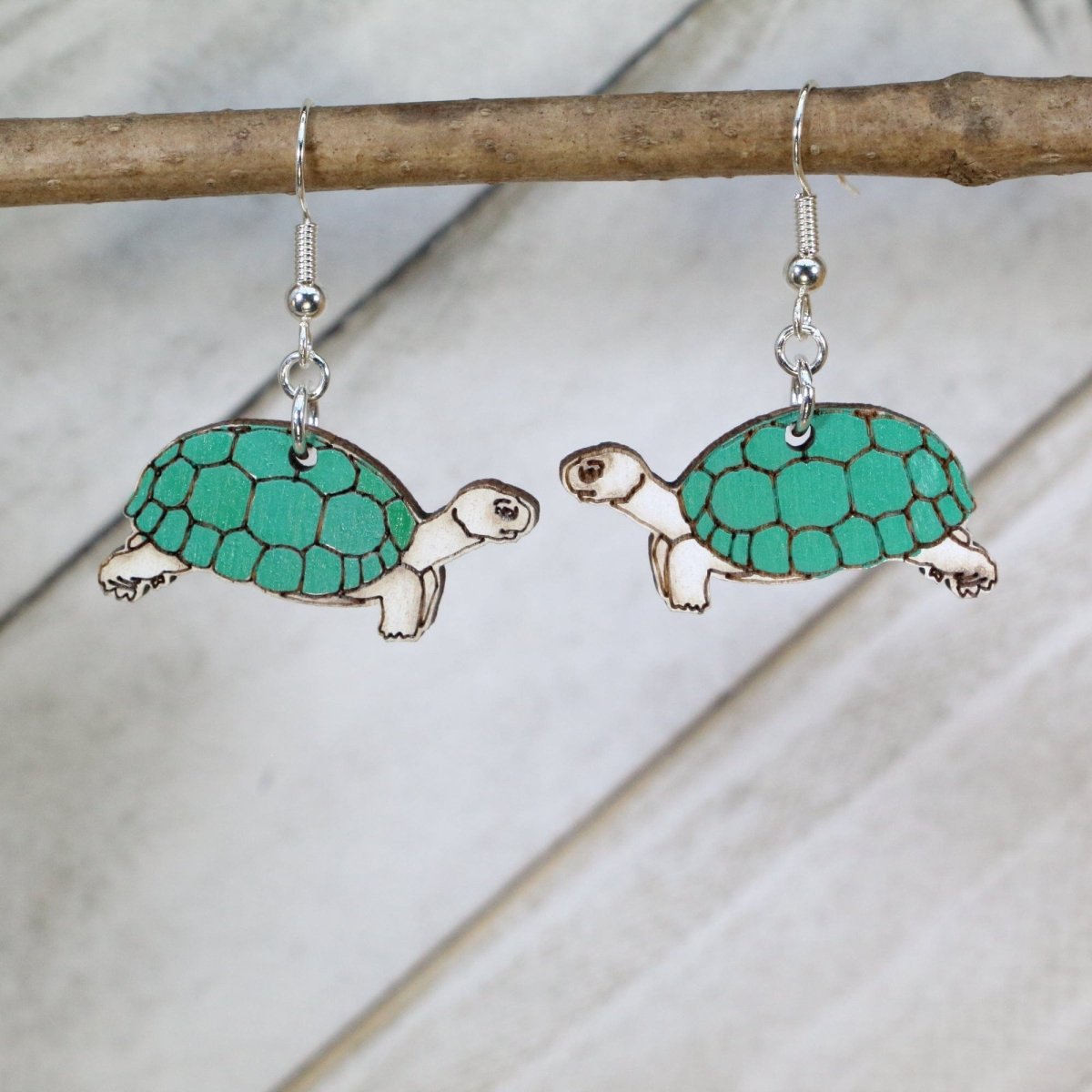 Realistic Turtle or Tortious Wooden Dangle Earrings - Green and White - Cate's Concepts, LLC